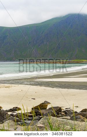 Sea Coastline And Ramberg Beach On Flakstadoy. Nordland County, Lofoten Norway.