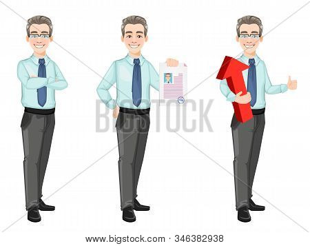 Handsome Confident Business Man, Set Of Three Poses. Businessman Cartoon Character In Office Style C