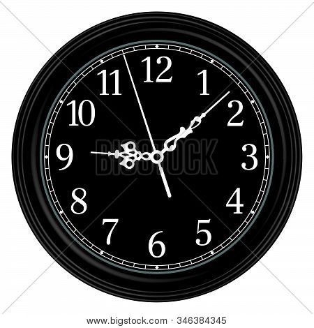Black Round Wall Clock. 3d Effect. Vector Illustration