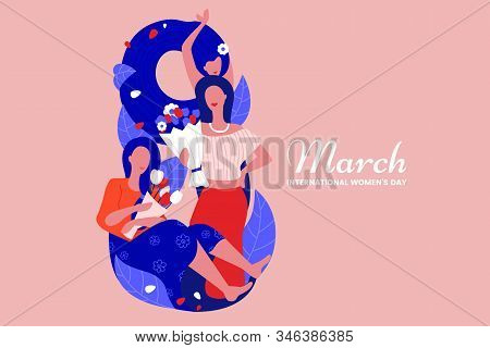 8 March Illustration With Beautiful Girls With Bouquets Of Flowers In Flat Style. Creative Internati