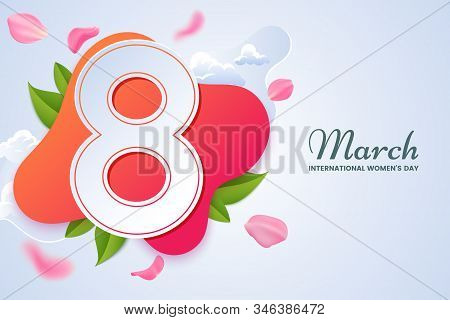8 March Greeting Card Design. Big Number 8 Surrounded By Pink Falling Rose Petals. International Wom