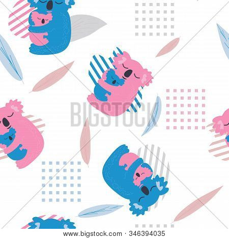 Seamless Pattern With Cute Koala With Child . Pastel Pink And Blue Colors. Vector Illustration.