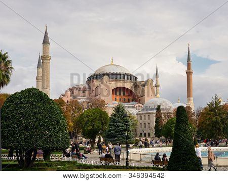 Istanbul, Turkey - October 11, 2019: Tourists Visiting The Beautiful Hagia Sophia Mosque In Istanbul