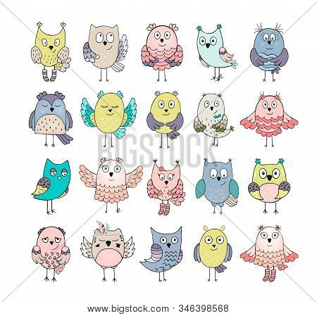 Large Set Of Cute Flat Cartoon Owls Isolated On White Background Hand Drawing. Vector Collection For