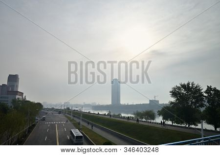Pyongyang, North Korea - April 30, 2019: Pyongyang City View At Dawn, Capital Of The North Korea. Ri