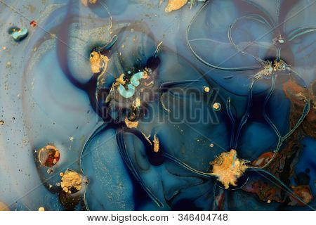 Macro mystical Abstract blue color marble texture background. Acrylic color in water and oil.