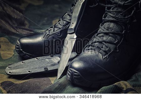 Military Boots. The Concept Of War, Veterans, Fallen Fighters. Sale Of Military Shoes.