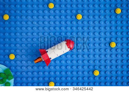 Tambov, Russian Federation - January 20, 2020 Lego Space Rocket Blasting Off To Space Through The St