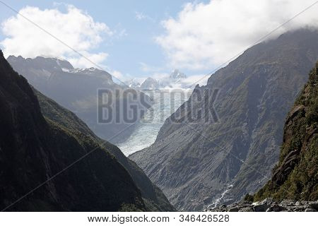 Fox Glacier From A Viewpoint On The River Walk Track In Westland Tai Poutini National Park. New Zeal