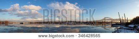 Beautiful Panoramic View Of Fraser River And Pattullo Bridge In The City During A Cold And Icy Winte