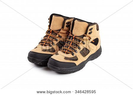 Mens Winter Boots Beige For Expeditions Of Travel Isolated On A White Background