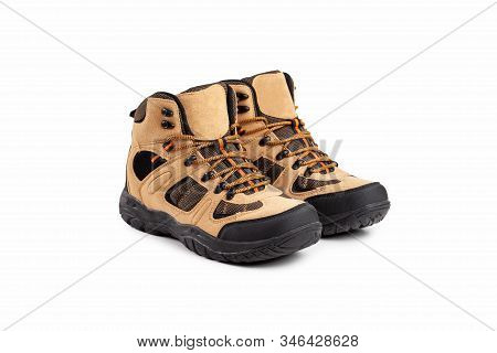 Mens Winter Boots Beige For Expeditions Of Travel Isolated On A White Background