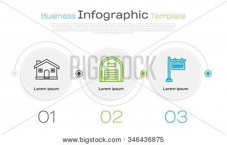 Set Line House, Warehouse And Hanging Sign With Text Rent. Business Infographic Template. Vector