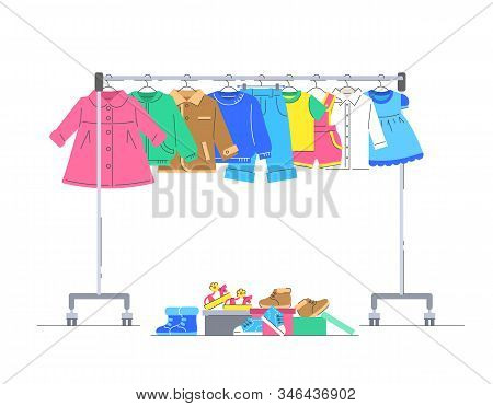 Baby Clothes On Hanger Rack With Shoes. Flat Lines Vector Illustration. Casual Little Kids Apparel H