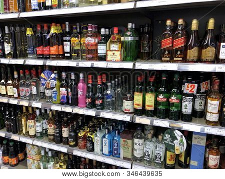 La Roche, Belgium - October 20, 2019: Assortment Of Multiple Alcoholic Drinks On Display At A Superm
