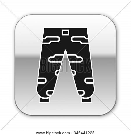 Black Camouflage Cargo Pants Icon Isolated On White Background. Silver Square Button. Vector Illustr