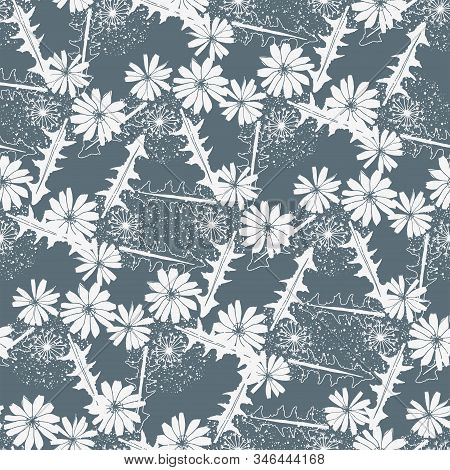 Vector Floral Seamless Pattern With Dark Blue Chicory Flowers. Image For Printing On Paper, Wallpape