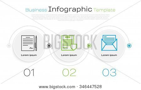 Set Line Contract With Pen, Contract With Shield And Mail And E-mail. Business Infographic Template.