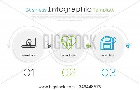 Set Line Laptop And Smart Home, House With Heart Shape And Warehouse With Dollar Symbol. Business In