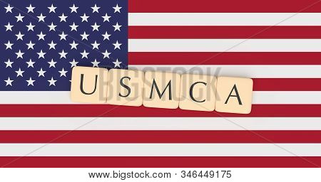 United States-mexico-canada Agreement: Letter Tiles Usmca On Us Flag, 3d Illustration