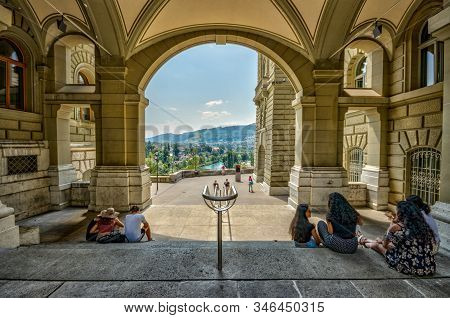 Bern, Switzerland - July 26, 2019: Panoramic View Of The Squares, Streets And Buildings Of Historica