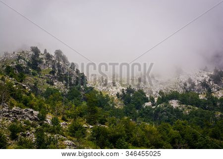 Mountain Peak In Fog In Kroni I Thores, Albania, Europe