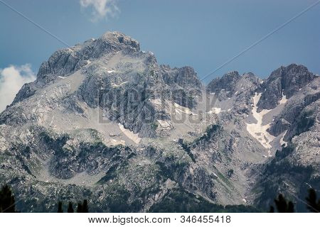 Mountain Peak In Fog In Kroni I Thores, Albania, Europe