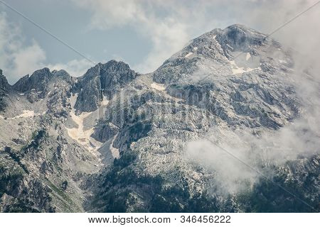 Mountain Peak In Fog In Kroni I Thores, Albania, Europe