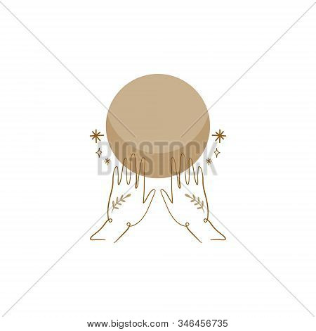 Tiny Line Art Handdrawn Style Logo Or Icon Symbol Of Magical Hands With Branch Holds The Moon. Good
