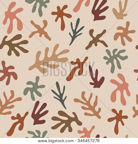 Modern Abstract Terracotta Trendy Seamless Pattern With Random Floral Leaves Different Shapes. Tropi