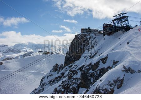 Pic De Saulire Courchevel Cabin Station View Sunset Snowy Mountain Landscape France Alpes