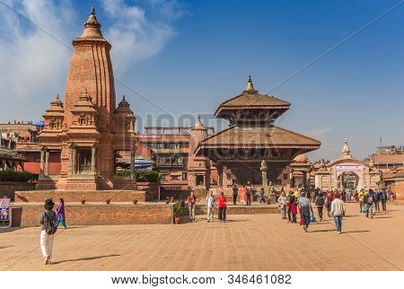 Bhaktapur, Nepal - November 14, 2019: Tourists And Temples On The Durbar Square Of Bhaktapur, Nepal