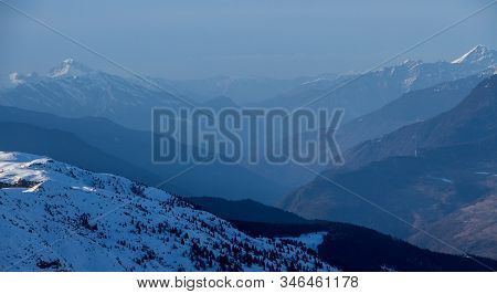 Courchevel View Valley Dust Mood Sunset With Snowy Mountain Landscape France Alpes