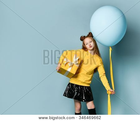 Red-headed Teen Kid In Yellow Sweatshirt, Black Skirt, Knee-highs, Boots. Kissing You, Holding Ballo