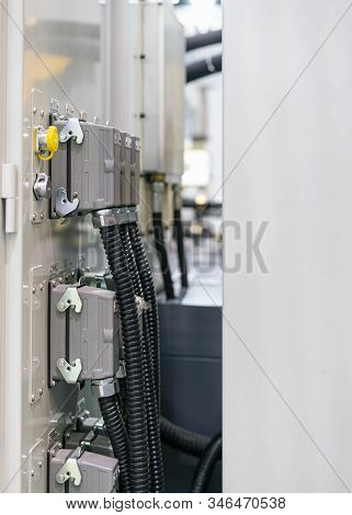 Spacial And Modern Industrial High Volt Electric Quick Connector Install At Manufacturing Machine Wi