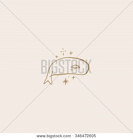 Tiny Handdrawn Line Style Logo Or Icon Symbol Of Magical Whale. Good For Kids Design, Beauty Industr