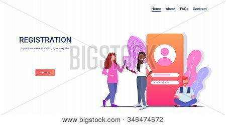 People Login To Social Media Apps Mobile Or Computer Application Mix Race Users Typing Entering User
