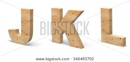 3D Letters J, K, L, Cut out of Wood Isolated on White Background. Wooden Text Template. 3D Illustration.