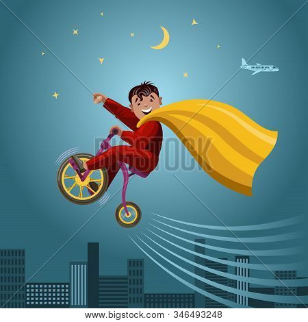 Super Hero Boy. Smiling Boy In Cloak Flies Bicycle. Cartoon Comic Character. Color Vector Illustrati