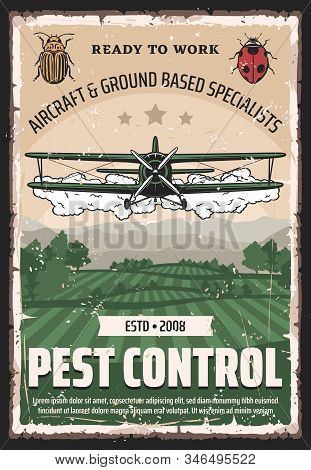 Pest Control, Agricultural Field Retro Crop Duster Biplane. Vector Aircraft And Ground Based Special