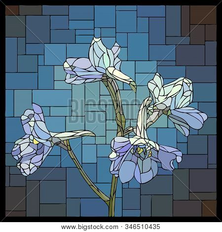 Vector Angular Mosaic With Blooming Flowers Of Blue Delphiniums In Stained-glass Window.