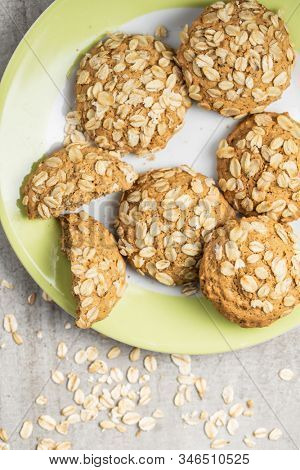 Cereal oatmeal cookies on plate. Top view.