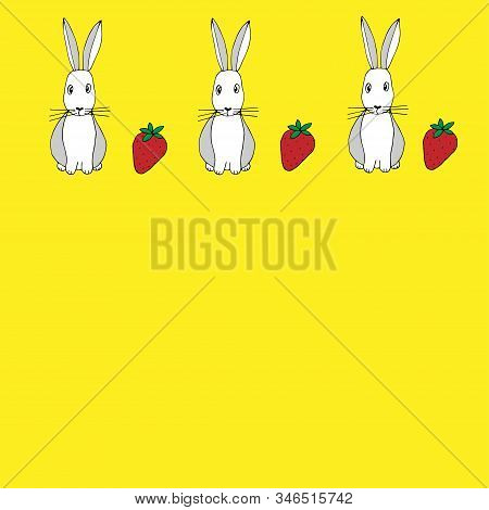 Vector Illustration Of A Postcard Hares And Strawberries On A Yellow Background