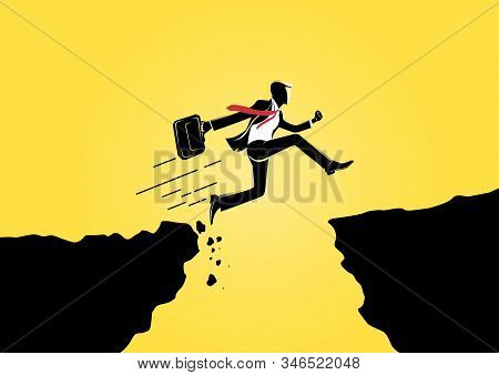 Businessman Jump Through The Gap Obstacles Between Two Giant Rock. Running And Jump Over Giant Rock.