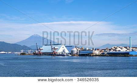 Fuji Mountain Landscape View Over Blue Sky And White Cloud From The Ferry Boat In The Ocean At Surug