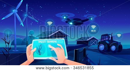 Smart Farming, Futuristic Technologies In Farm Industry. Tablet With App For Control Plants Growing 