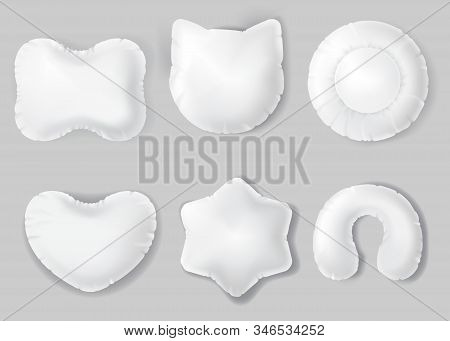 Pillows Different Shapes Set Isolated On White Background. Blank Round, Heart, Star, Cat Head Form O