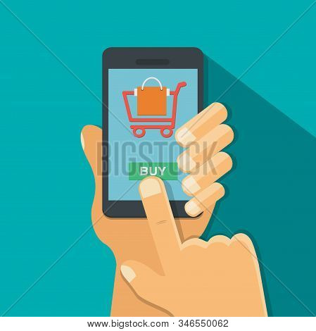 Hand Holding Smart Phone With Shopping Online App On The Screen,long Shadow .