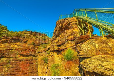 Stairway Leading Up To Pulpit Rock Lookout Famous Landmark In Blue Mountains National Park, New Sout