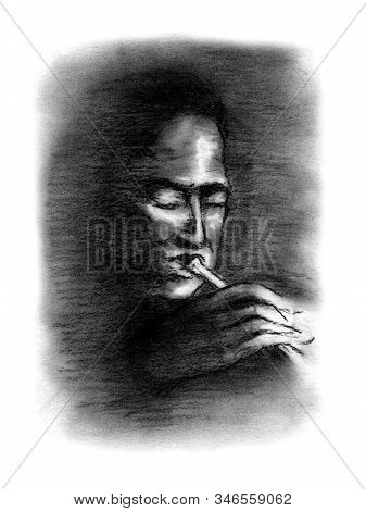 Flute Player Hand Drawn Charcoal Drawing. Musicians Series.